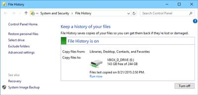 The main screen for File History