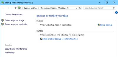 The main screen for Windows Backup