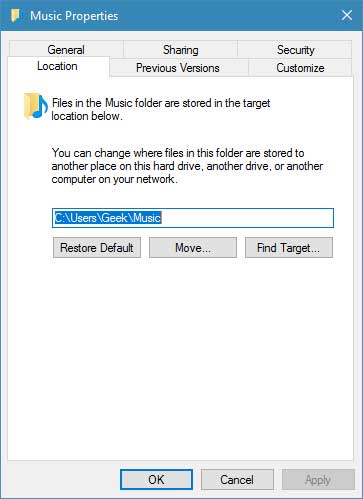 The properties dialog box for a user folder inside of Windows 10