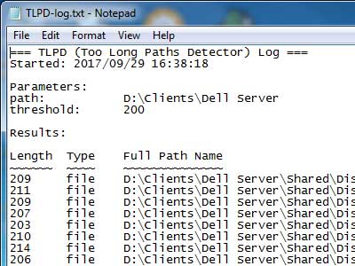 Too Long Path Detector text file output
