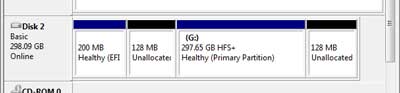 View of a Mac formatted disk inside of Windows 7 Disk Management with MacDrive installed