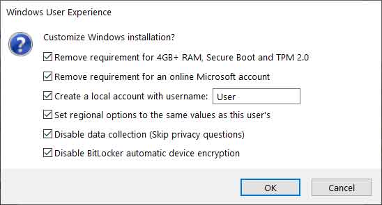 Windows User Experience dialog box inside Rufus