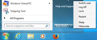 Shut down button location in Windows 7