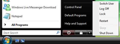Shut down button location in Windows Vista