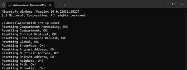 A Windows 11 administrative command prompt running Netsh commands