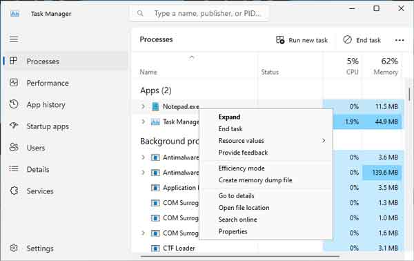 A list of running processes inside of Task Manager