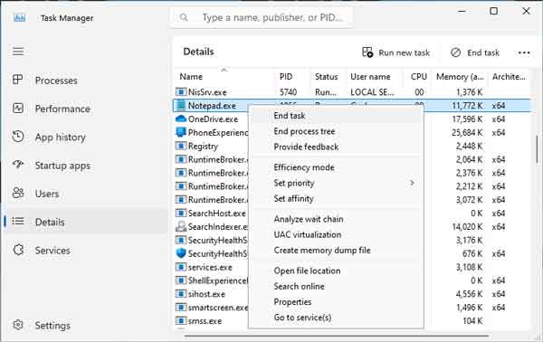 A list of running programs inside of Task Manager