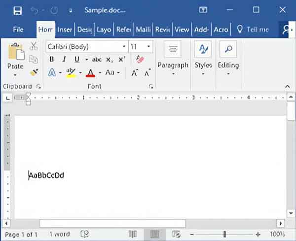 A sample Microsoft Word file with only eight characters opened in Microsoft Word