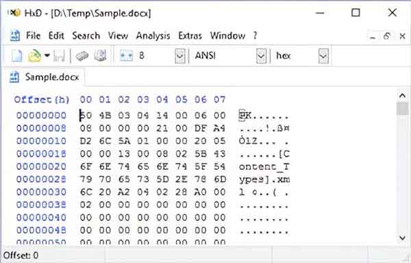 A sample Microsoft Word file with only eight characters opened in a hexadecimal editor