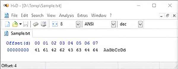 A sample text file with only eight characters opened in a hexadecimal editor