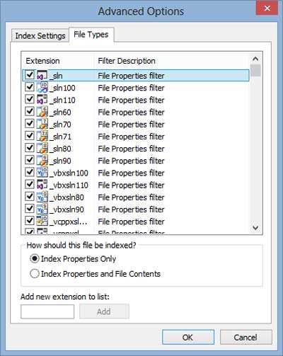 Advanced Indexing Options File Types tab inside of Windows 8