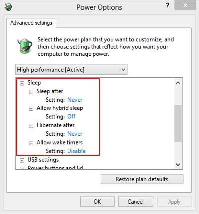 Advanced power option settings in Windows 8