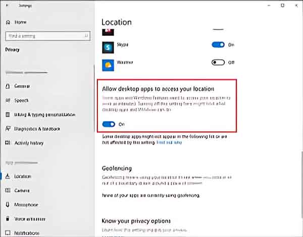 Allow desktop apps to access your location switch inside of the Windows 10 Settings