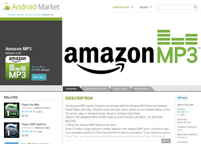 The Amazon MP3 app for Android page at the Google Android Market