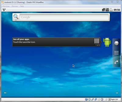 Android-x86 main screen running inside of a Oracle VirtualBox