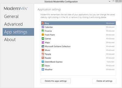 Application settings page inside of ModernMix