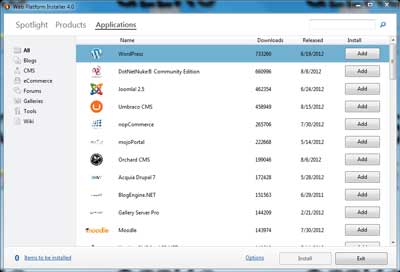 Appilcation view inside of the Microsoft Web Platform Installer v4