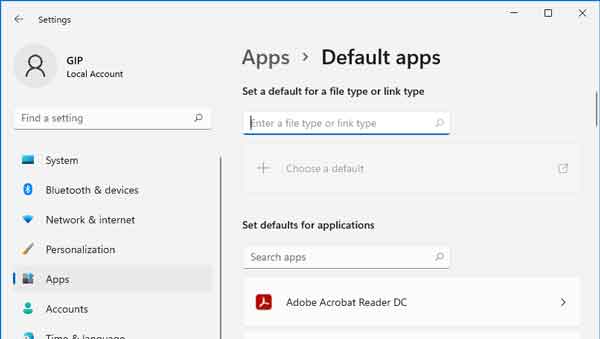 Changing the default apps in Windows 11 Settings