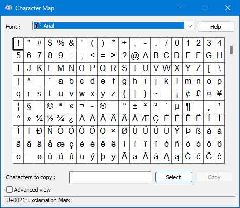 Character Map inside of Windows 11