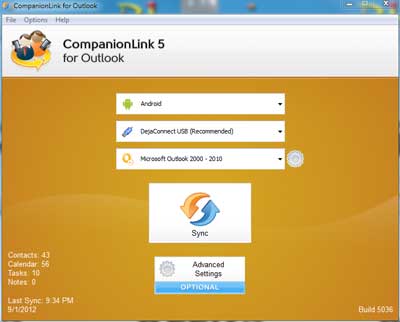 CompanionLink 5 for Outlook setup screen