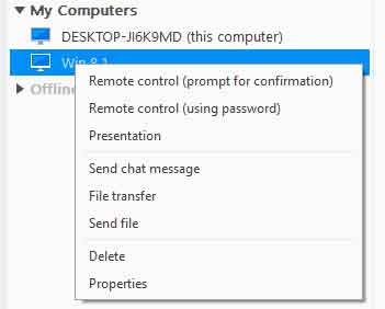 Connection options context menu for TeamViewer computers