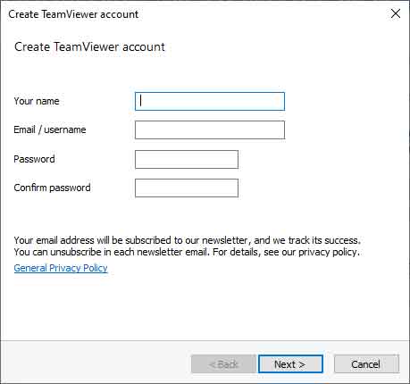 Create TeamViewer account screen