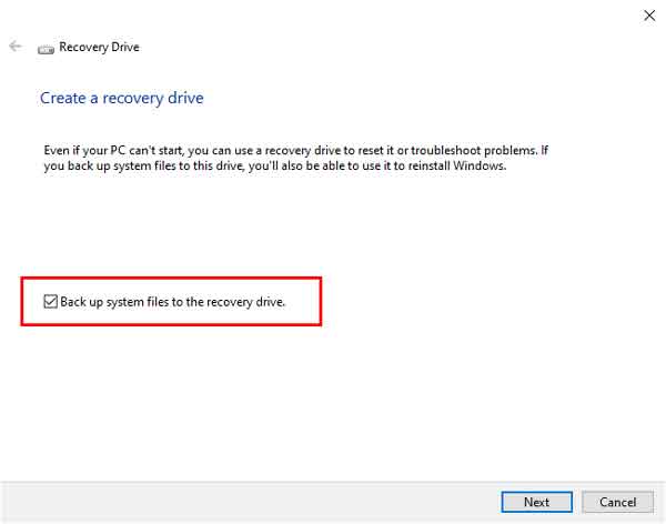 Create a recovery drive screen in the Recovery Drive program