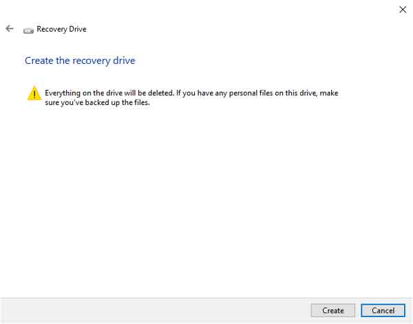 Create a recovery drive warning screen in the Recovery Drive program