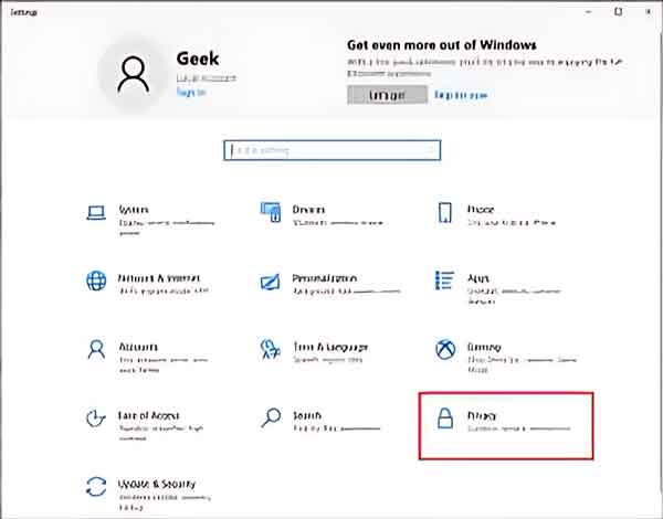 Default view of the Windows 10 Settings app with the Privacy category outlined