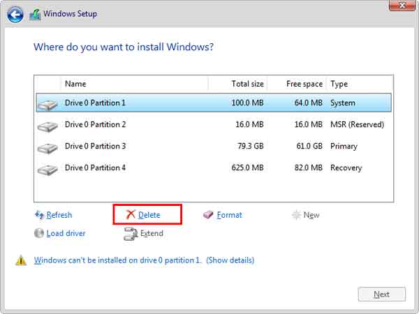 Deleting partitions in the Windows Setup dialog box