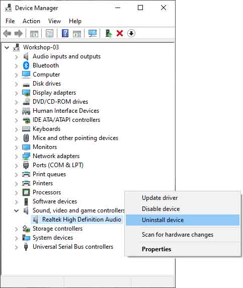 Device manager open to sound devices