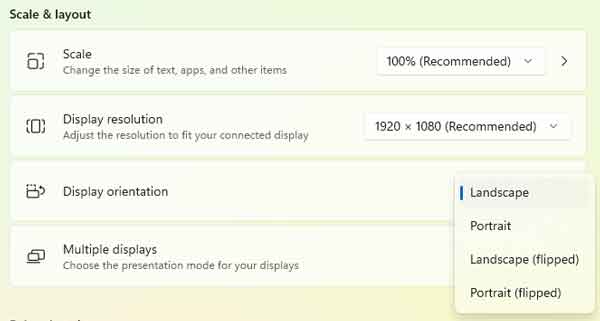Display orientation drop-down menu in Windows 11