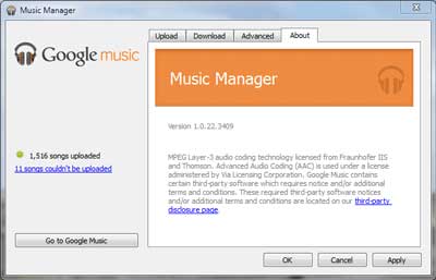 The Google Music Manager interface