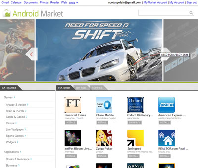 The Google Android Market website homepage