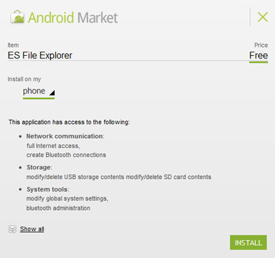 Android Market application installation screen