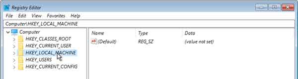 HKEY_LOCAL_MACHINE selected in the registry editor