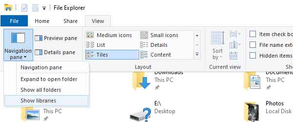 How to enable the Library view in Windows 10