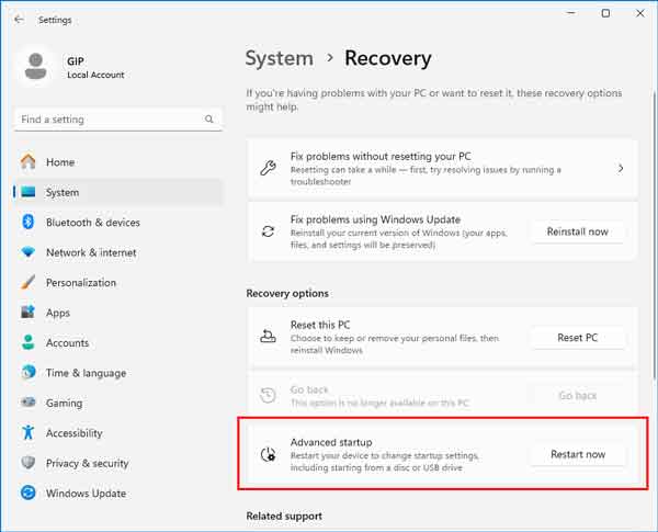 How to get to the Advanced Boot Options when logged in to Windows 11