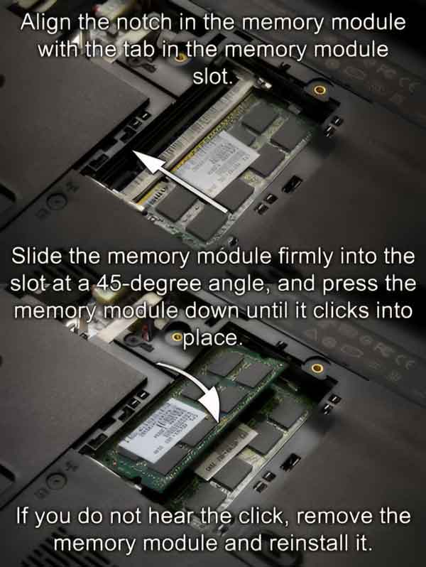 How to install a laptop memory module into memory slot