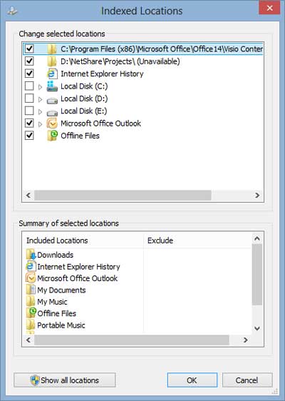 Indexed Locations screen for Indexing Options inside of Windows 8