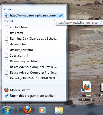 Using Jump List on the taskbar in Windows 7