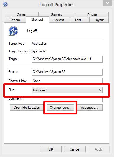 Log-off, restart and shutdown shortcut properties in Windows 8