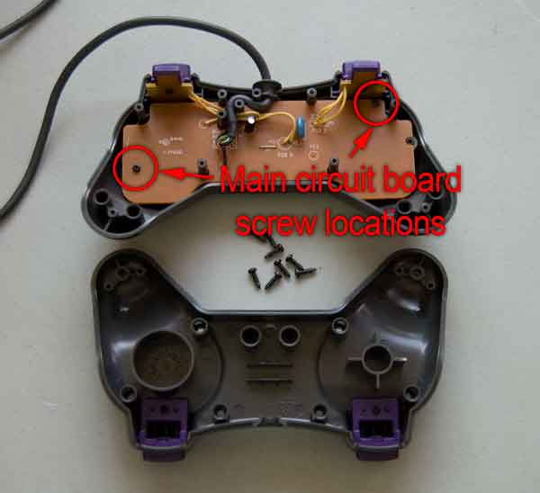 Main circuit board screw locations inside of the Gravis Gamepad Pro