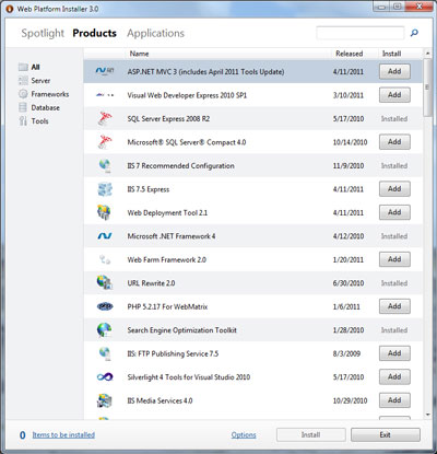 Microsoft Web Platform Installer - Products View