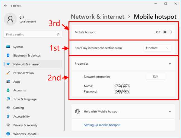 Mobile hotspot highlighted in the Network & Internet properties inside of Windows 11