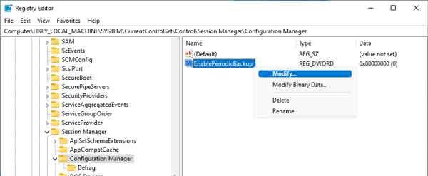 Modifying the EnablePeriodicBackup value