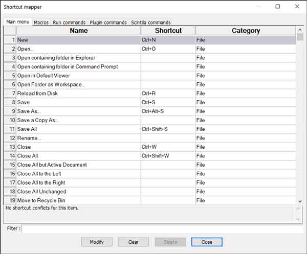 Screenshot of the shortcut mapper inside of Notepad++