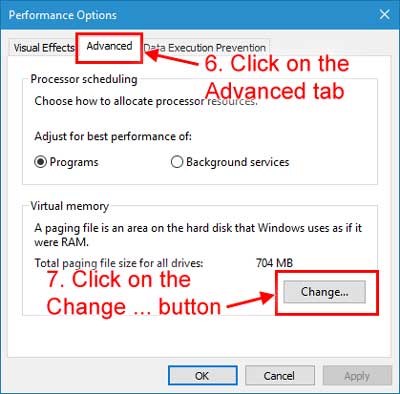 Performance Options dialog box inside of Windows 10