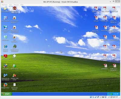 A physical to virtual migrated version of Windows XP inside of VirtualBox running on Windows 8