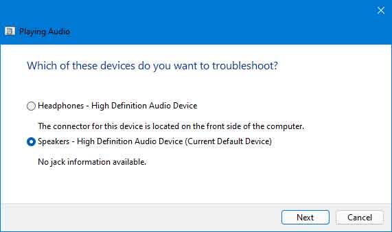 Playing audio troubleshooter